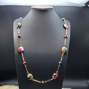 Murano Moretti Millefiori Venetian Glass Beaded Necklace 31" EUC Antique Multi